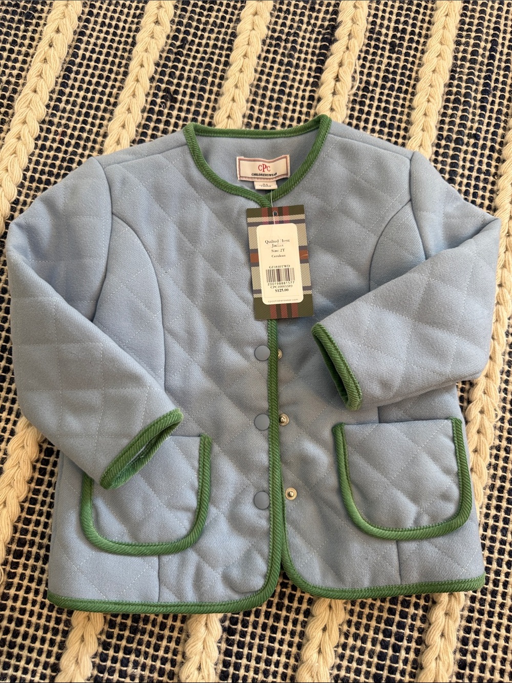 Quilted Light Blue Kids Jacket with Green Trim